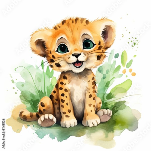 Cute watercolor illustration of a baby cheetah sitting in the grass.