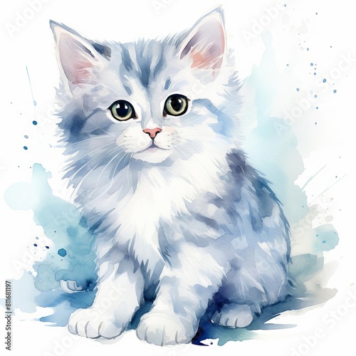 Watercolor Clipart of a playful cat in a sitting pose The cat has fluffy fur