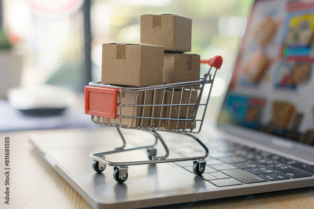 A laptop computer screen shows a shopping cart with boxes on it