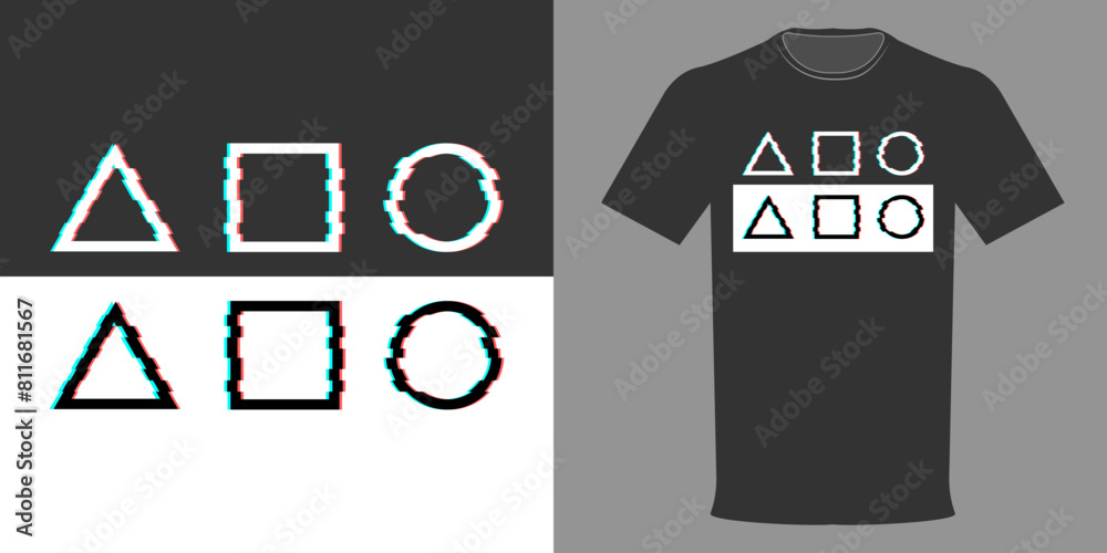 Vector T-shirt illustration of geometric shapes in glitch style on a black and white background. Typographic print, sticker, poster Vector T-shirt illustration of geometric shapes in glitch style on a black and white background. Typographic print, sticker, poster
