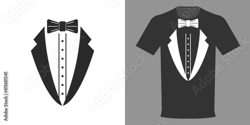 Vector illustration of a T-shirt with an image of a tailcoat with a bow tie. A template for those who don't like costumes. Gentleman's typographic print photo