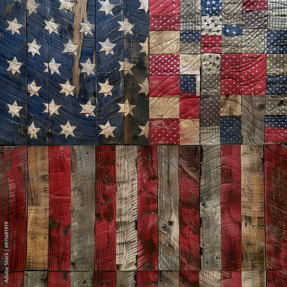 Distressed hickory wood features a quilt pattern flag  Memorial Day.