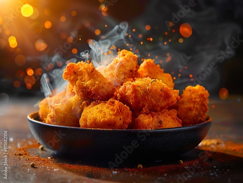 Fried chicken in a bowl with smoke coming out of it.