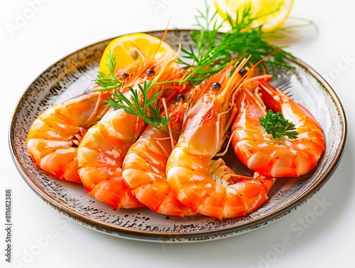 Shrimp on a plate with lemon and dill.