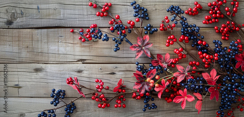 Weathered wood adorned with scarlet and navy berries  a chic Memorial Day arrangement.