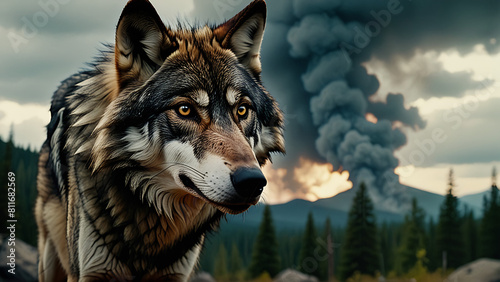Wolf head and smoky cloud. Wide panoramic view. Artistic work