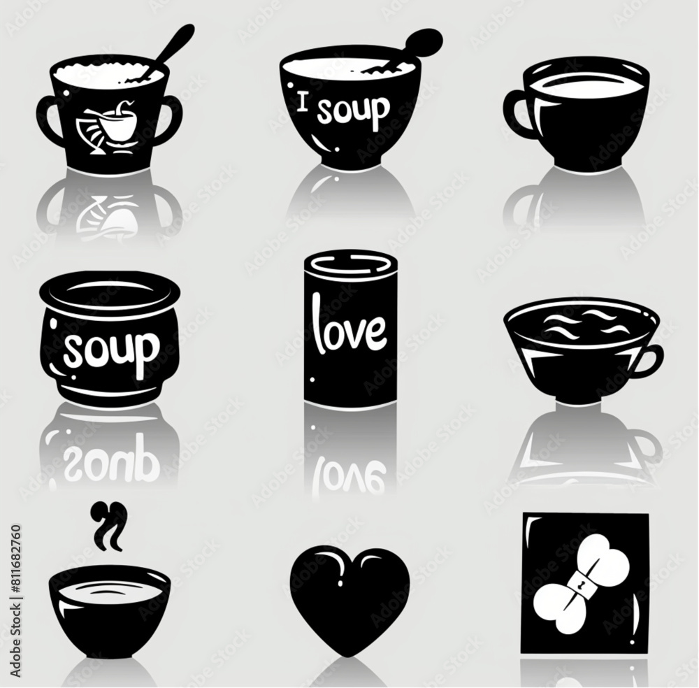 A set of icons for soup, black vector on white background with reflection and shadow effect, 