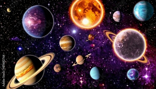 Abstract celestial alignment background with planets and celestial bodies in motion.