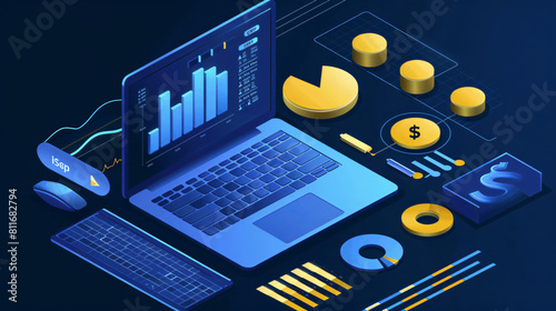 Online financial data analysis isometric concept finan