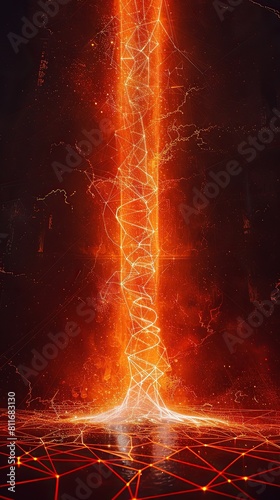 A towering vertical design of neon orange and bright white connections flowing down a dark canvas, perfect for displays with text placement at the lower third for maximum impact