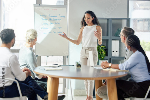 Business, woman and employee presentation and whiteboard, faq and training for company project. Briefing, collaboration meeting and discussion for pitch, presenter and coworkers for work strategy photo