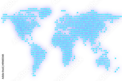 Fototapeta Naklejka Na Ścianę i Meble -  Stylized pixelated world map in shades of cyan and blue on a white background, portraying a digital concept