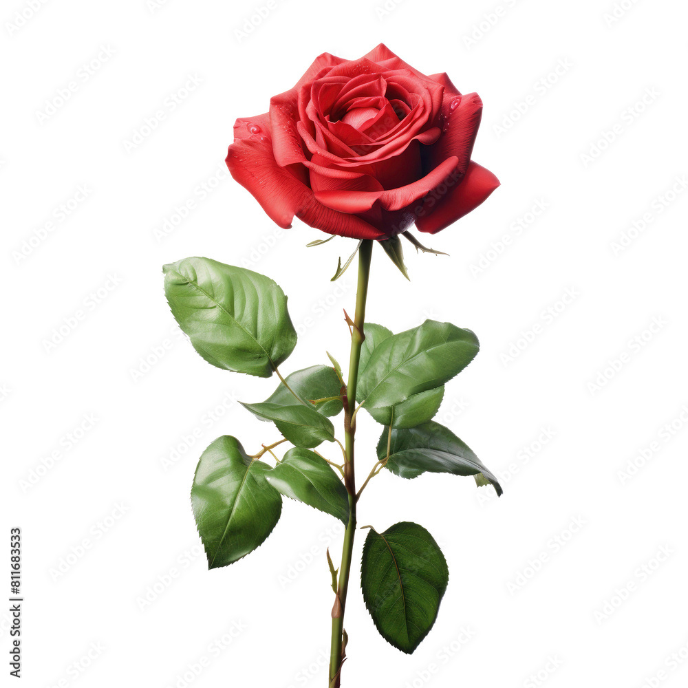 Red rose with leaves on the stem isolated on transparent background Red rose with leaves on the stem isolated on transparent background