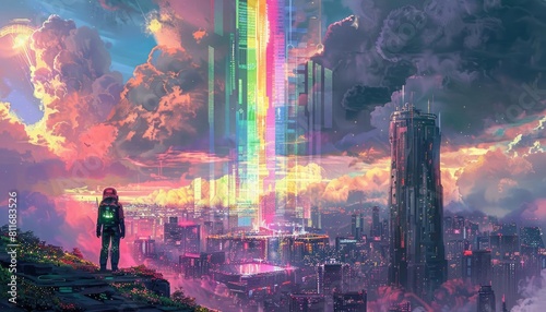 Capture the essence of a chromatic utopia where pixelated rainbow ingredients cascade from the sky onto a cybernetic culinary academy, blending taste and technology harmoniously photo