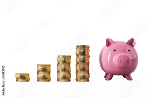 Фотография A pink piggy bank standing next to increasing stacks of coins on a white backgro