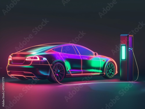 Vibrant neon outline of an electric car charging at a futuristic station  highlighting eco-friendly technology.