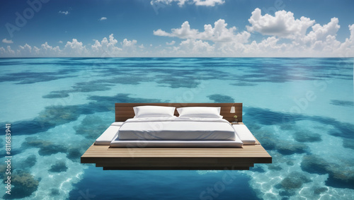 There is a bed underwater. The bed is made of wood and has white sheets and pillows. photo