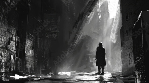 Illustrate a suspenseful scene of a detective examining a cryptic clue in a dimly lit alley