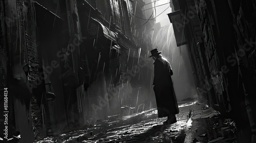 Illustrate a suspenseful scene of a detective examining a cryptic clue in a dimly lit alley