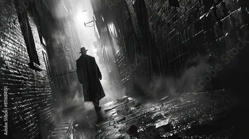 Illustrate a suspenseful scene of a detective examining a cryptic clue in a dimly lit alley photo