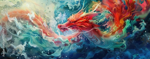 Imagine an eye-level angle capturing mythical creatures in mesmerizing underwater worlds using vibrant watercolor strokes and intricate details © Thanaseth