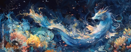 Imagine an eye-level angle capturing mythical creatures in mesmerizing underwater worlds using vibrant watercolor strokes and intricate details © Thanaseth