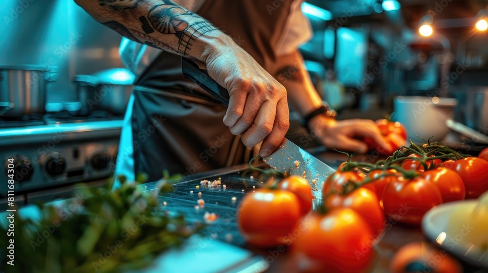 Chef chops tomatoes with precision in a professional kitchen
Chef chops tomatoes with precision in a professional kitchen