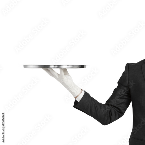 Canvas Print A person in a black suit and white gloves holding a silver tray isolated on a wh