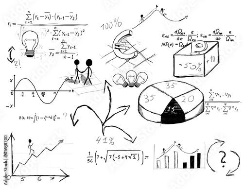 A collage of hand-drawn mathematical and scientific concepts, diagrams, and formulas on a white background, illustrating education themes