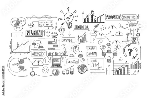 A hand-drawn sketch of business and marketing concepts with various doodles on a clean white background, symbolizing creativity and brainstorming