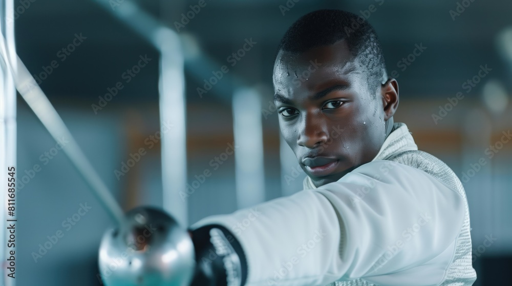 Black man practicing fencing sport, person is focused and enjoying the sport, sports photography, generative ai Black man practicing fencing sport, person is focused and enjoying the sport, sports photography, generative ai