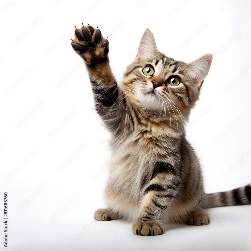Cat giving high five. Kitten reaching up with paw. Generative AI.