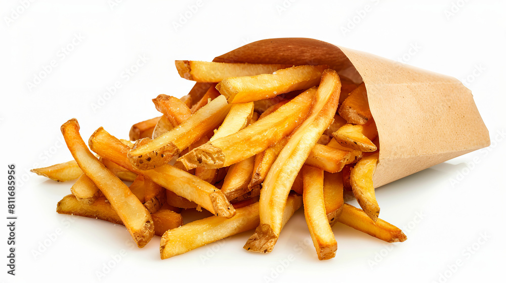 A bag of french fries on a white background.