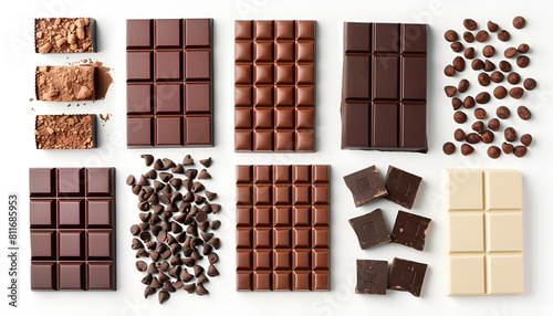 Collage with tasty different chocolate bars on white background, top view photo