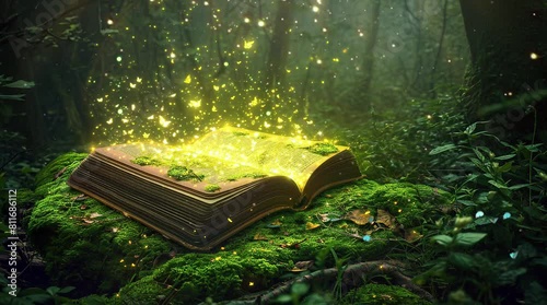 Ancient magic book resting in an enchanted forest surrounded by glowing lights
Seamless looping 4k time-lapse virtual video animation background. Generated AI