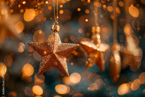 Sparkling Golden Christmas Star Decoration with Blurred Lights Background