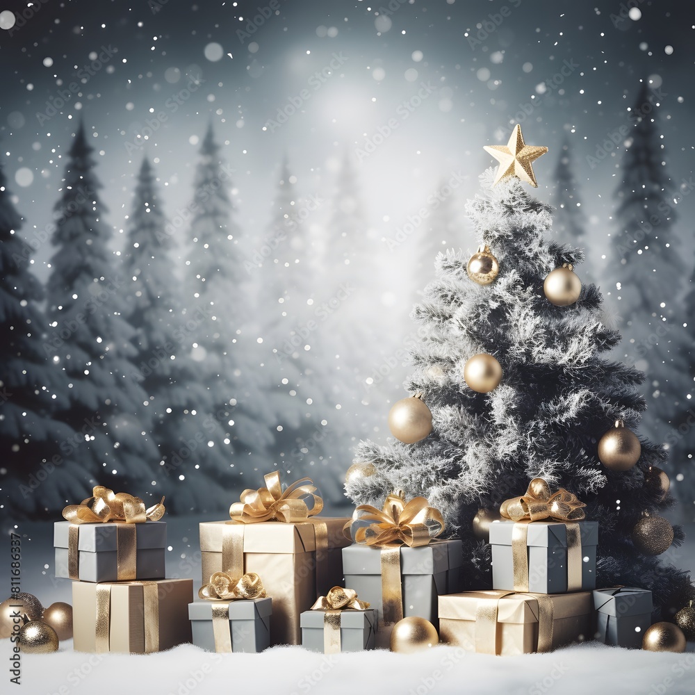 Christmas background with blue gift boxes and decorations. Winter holiday background. Generative AI.