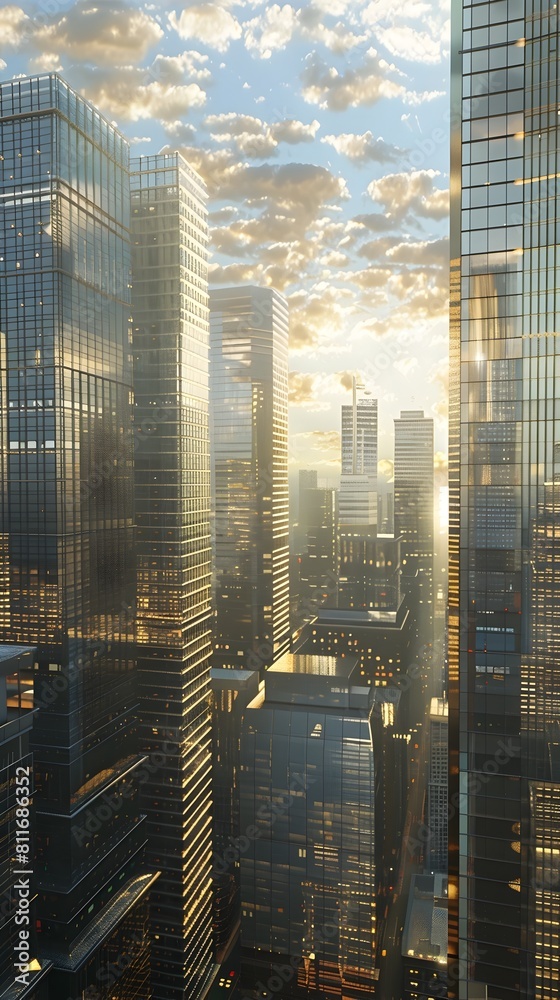 Obraz premium Symbol of Prosperity A Panoramic D Rendering of a City Skyline Basking in the Sunlight