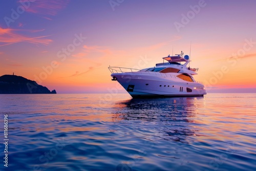 Luxury yacht sailing in the tropical sea during sunset