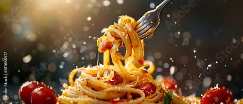 Closeup of a fork twirling pasta with dynamic drops of sauce in motion, capturing the essence of Italian cuisine photo