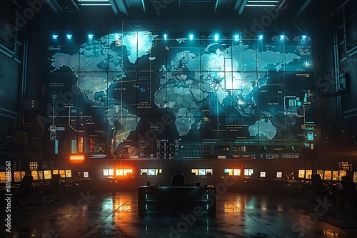 Interactive global map in a dark, digital operations center highlighting worldwide connectivity