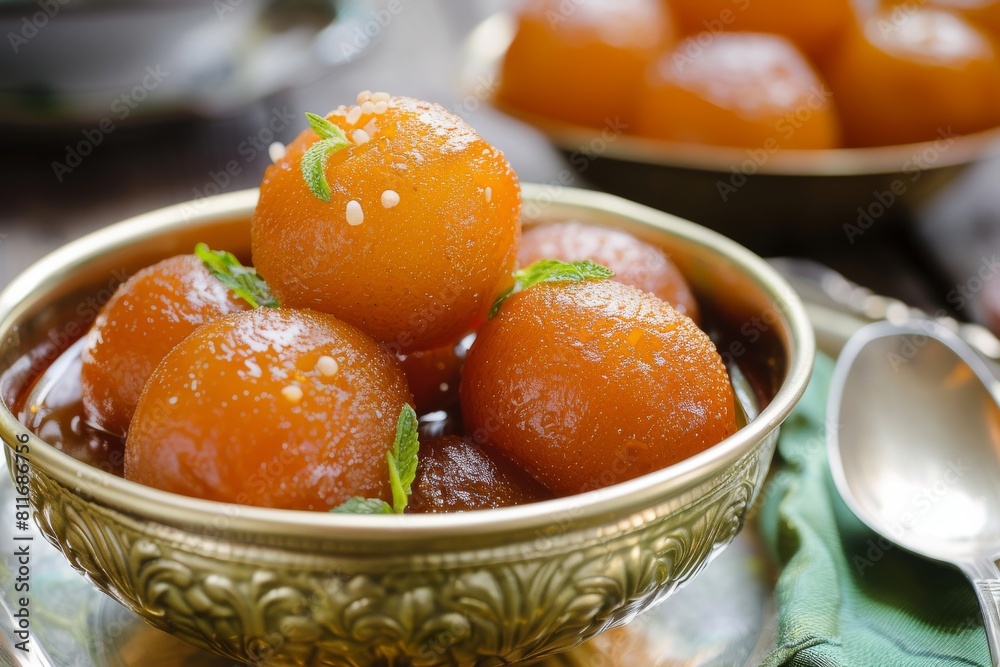 Gulab Jamun served in a bowl with pouring sweet syrup Gulab Jamun served in a bowl with pouring sweet syrup
