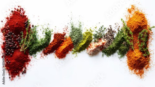 Fresh colorful herbs and spices dashed across isolated white background. Spice powder.