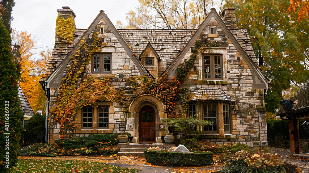 A stone house with fall leaves on the ground.