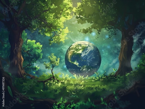 of Lush Green Forest with Earths Globe Emerging from Within Depicting Ecofriendly Harmony