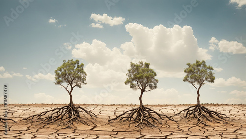 A tree stands alone in the middle of a vast desert. The sky is blue  and there are clouds in the distance.