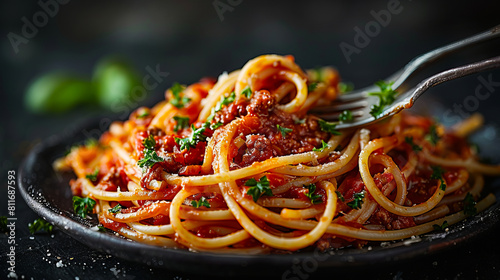 A plate of spaghetti with meat sauce. photo