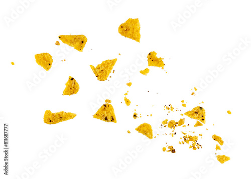 Fotografie Nacho chip pieces flying, Nacho Snack Crumbs, Broken Mexican Triangle Corn Chips