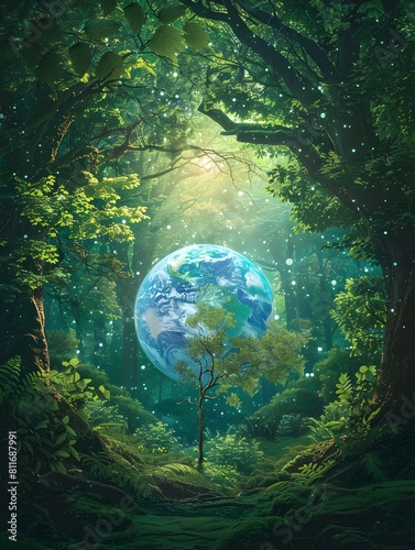 of Lush Green Forest with Emerging Globe A Harmonious Ode to Ecofriendly Themes