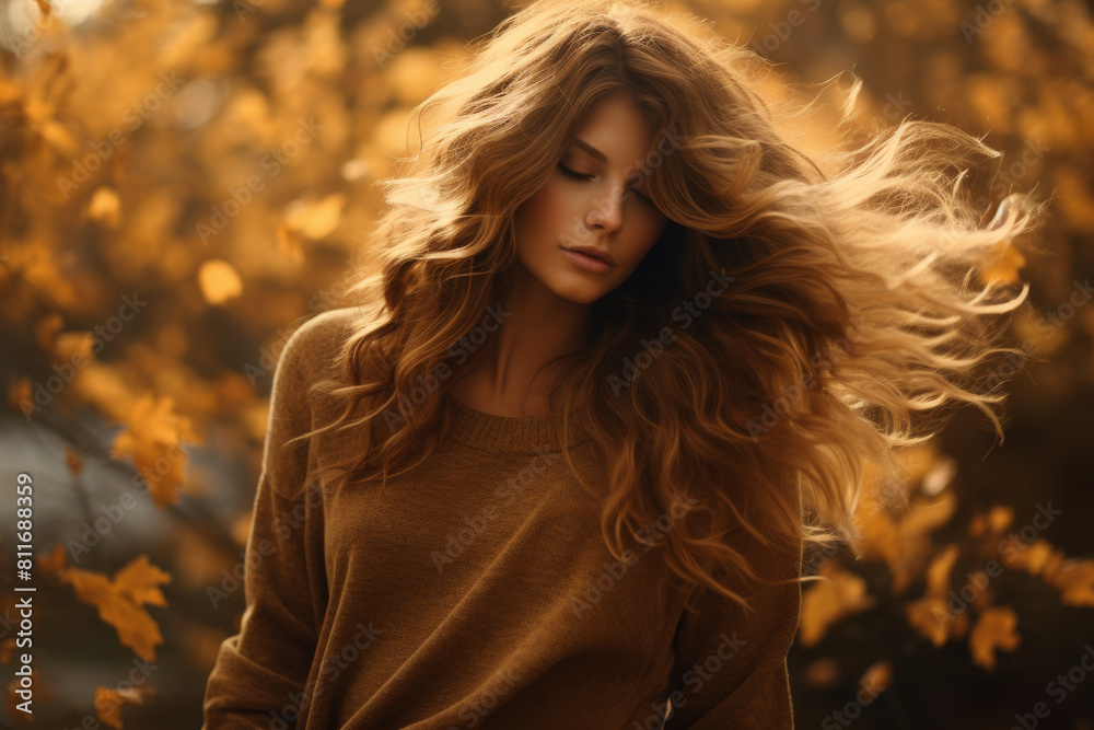 A woman with long brown hair is standing in a field of yellow leaves A woman with long brown hair is standing in a field of yellow leaves